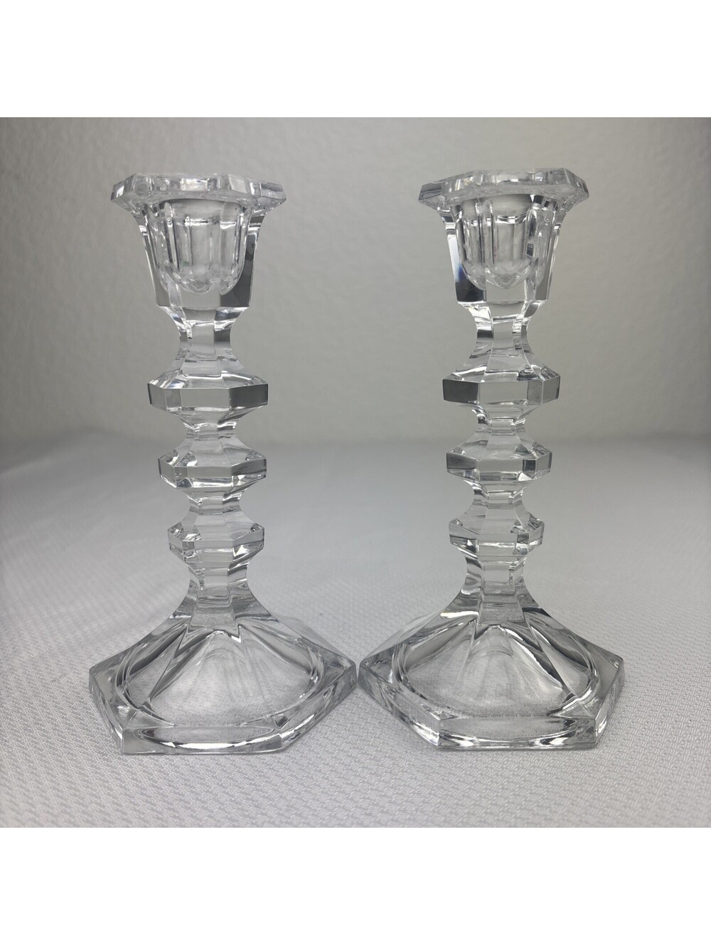 Gorham Heavy Cut Crystal Taper Candlesticks Set (2) 7" Holiday Art Deco Romantic